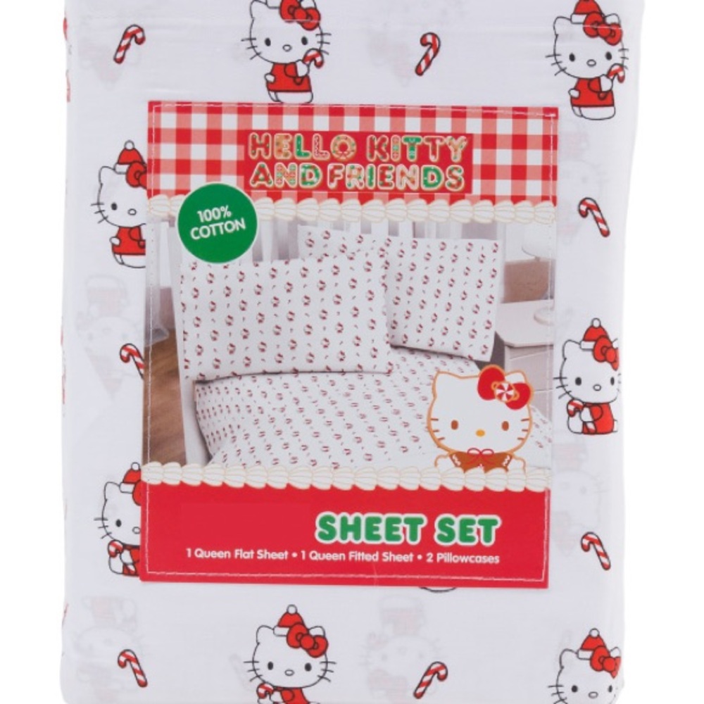 Hello Kitty Holiday Christmas Candy Cane Queen Sheet Set